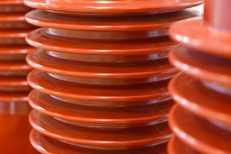 Group of high current electrical isolation units, close-up shot, industrial abstract backgroundの写真素材