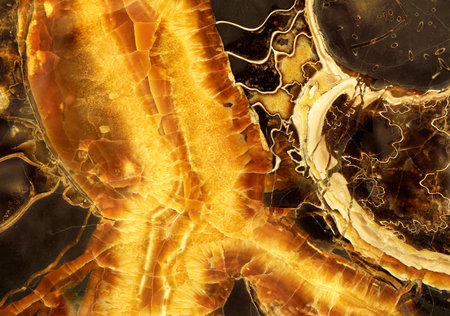 Surface of beautiful decorative stone, natural abstract pattern of black and yellow crystals, stripes, swirls, twirls, lines, cracks, spots and stainsの写真素材