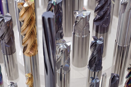 Large group of various milling cutters, industrial metalworking tools. Close up shot, selective...