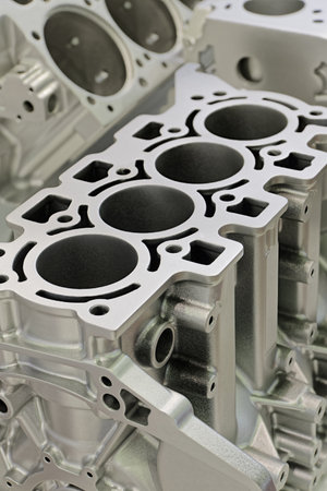 Generic internal combustion engine crankcase, close up shot, selective focus