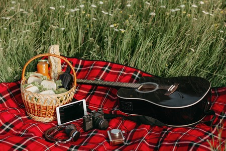 Black guitar and backet with sandwiches, beer and fruits on red picnic blancked. Holiday concept.