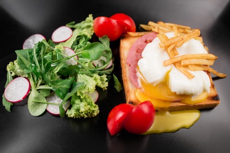 Poached egg on a piece of bread with spinach and potatoes. Pashot.の写真素材