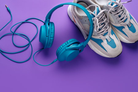 Modern blue headphone and sport shoes on purple background. Music concept.