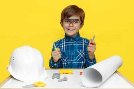 Smart little kid boy engineer or architect sitting at the work table with glasses on yellow background.の写真素材