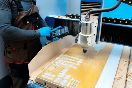 Engineer or technician operating with CNC milling machine in lab. Aircraft capable of GPS...