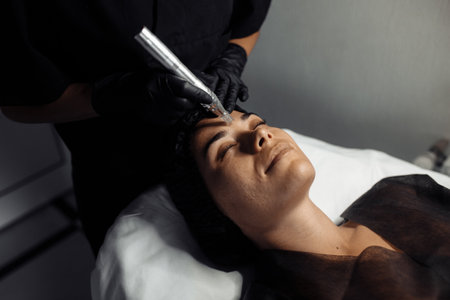 Cosmetologist make procedure for cleaning skin with steel tool from blackheads and acne