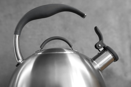 Photo of gray stainless steel kettle.の写真素材