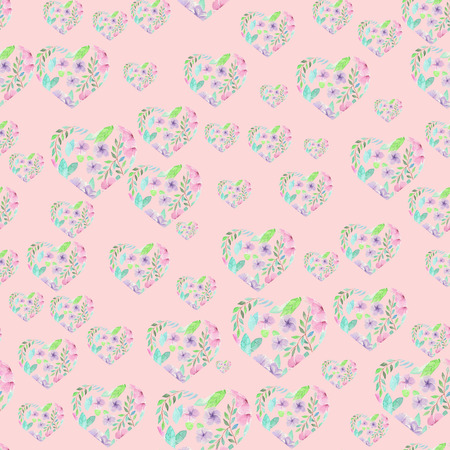 Seamless pattern of hearts formed from the watercolor floral elements on a pink background