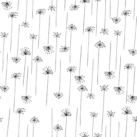 Seamless pattern with black silhouette of fennel painted in watercolor on a white backgroundの写真素材