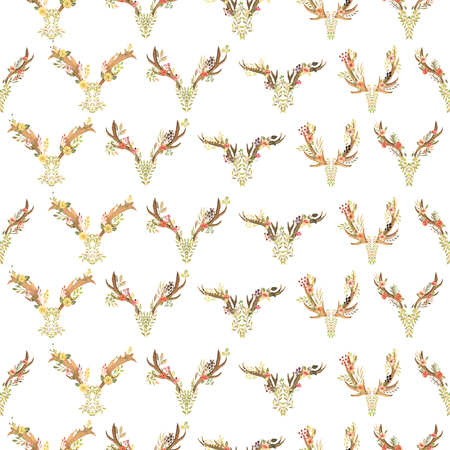 Seamless pattern with the antlers entwined by flowers, leaves and plants painted in watercolor on a white backgroundの写真素材