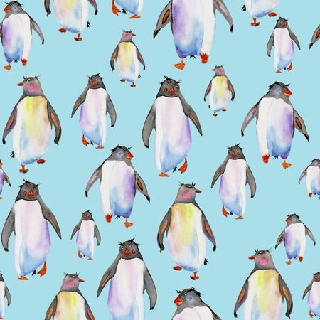 Seamless pattern with watercolor penguins on a blue backgroundの写真素材
