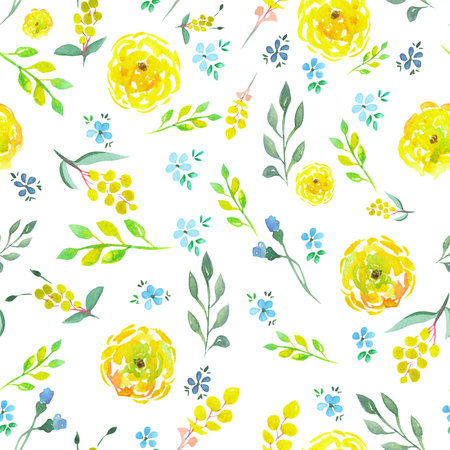 Seamless floral pattern with yellow and blue flowers, green leaves painted in watercolor on a white backgroundの写真素材