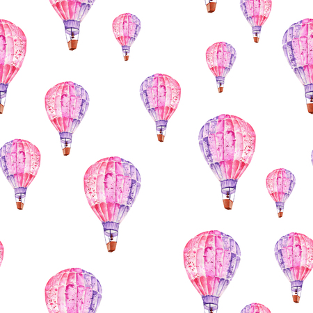 Seamless pattern with flying mauve pink and violet balloons painted in watercolor on a white backgroundの写真素材