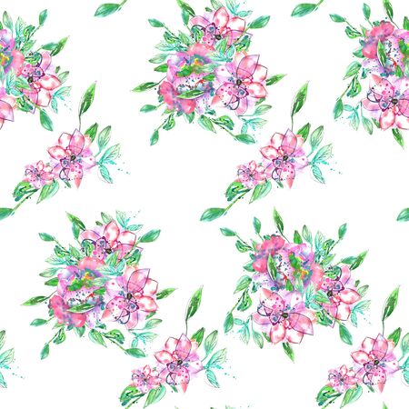 Seamless pattern with bouquets of pink and purple flowers and green and blue branches and leaves painted in watercolor on a white background for greeting card or invitation or otherの写真素材