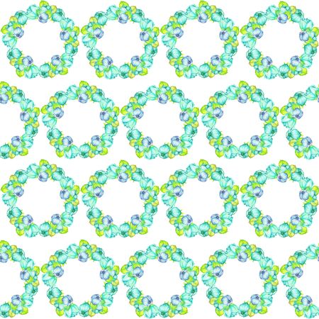 A seamless floral pattern with the wreaths of turquoise and blue beautiful flowers painted in watercolor on a white backgroundの写真素材