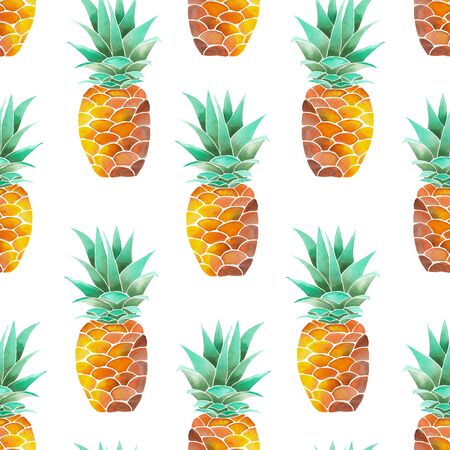 A seamless pattern with yellow watercolor pineapples on a white backgroundの写真素材