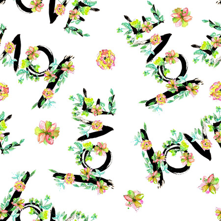 A seamless pattern with a hand-drawn romantic inscription '' LOVE '' made by the black ink wreathed with the exotic flowers on a white backgroundの写真素材