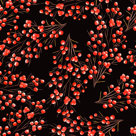 A seamless pattern with branches with the red berries painted in watercolor on a black backgroundの写真素材