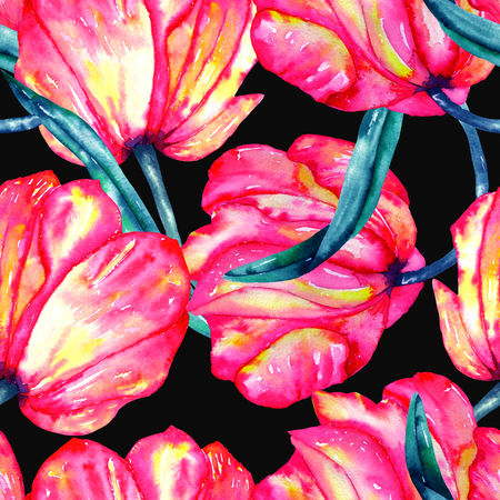 A seamless pattern with the watercolor crimson and scarlet tulips on a black backgroundの写真素材
