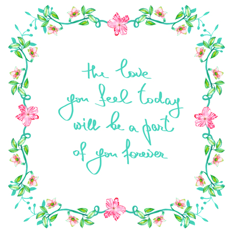 A frame border, floral decorative ornament with the watercolor flowers, leaves and branches painted in a watercolor for a greeting card, decoration postcard or wedding invitation with the wishesの写真素材