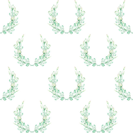 A seamless floral pattern with the wreaths of the tender green roses, painted in a watercolor on a white backgroundの写真素材