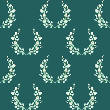A seamless floral pattern with the wreaths of the tender green roses, painted in a watercolor on a dark green backgroundの写真素材