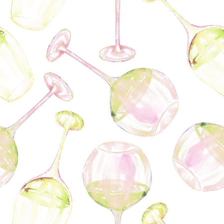 A seamless pattern with the hand-drawn glasses of white wine. Painted in a watercolor on a white background.の写真素材
