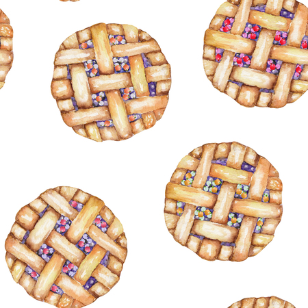 A seamless sweet pattern with the berry pie. Painted in a watercolor hand-drawn on a white backgroundの写真素材