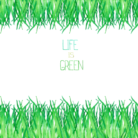 A seamless template of a postcard with the green grass, painted hand-drawn in a watercolor on a...