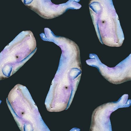 A seamless pattern with the whales, painted in a watercolor on a dark blue backgroundの写真素材