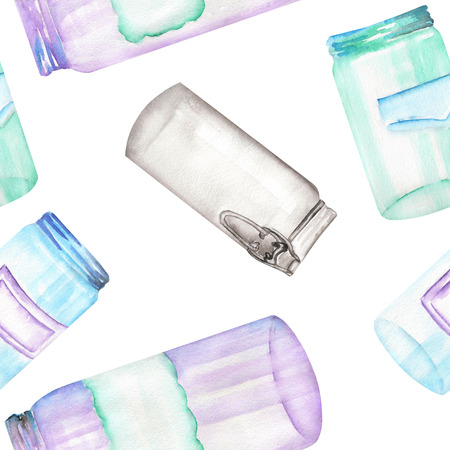 A seamless pattern with the glass jars with stickersの写真素材