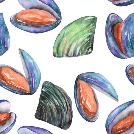 A seamless pattern with the isolated shells and mussels, painted in a watercolor on a white backgroundの写真素材