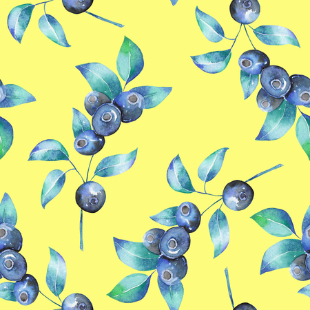 A seamless pattern with the blueberries branches, hand-drawn in a watercolor on a yellow backgroundの写真素材
