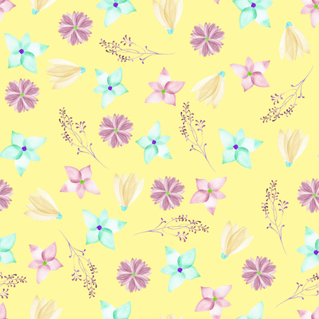 A seamless floral pattern with watercolor hand-drawn pink, blue and purple spring flowers, painted on a yellow backgroundの写真素材
