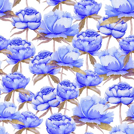 A seamless pattern with the watercolor blue peonies, hand-drawn on a white backgroundの写真素材