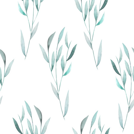Seamless floral pattern with the watercolor green leaves on the branches, hand drawn on a white backgroundの写真素材