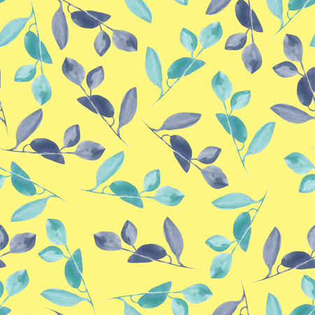 Seamless floral pattern with the watercolor blue and mint branches, hand drawn on a yellow backgroundの写真素材