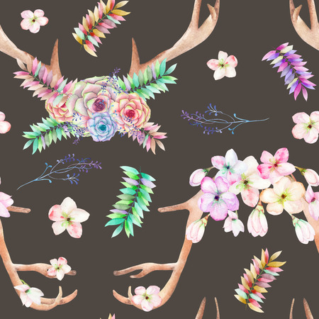 A seamless pattern with the antlers, entwined succulents, flowers, leaves and branches, for decoration, isolated hand drawn on a dark background, wedding designの写真素材