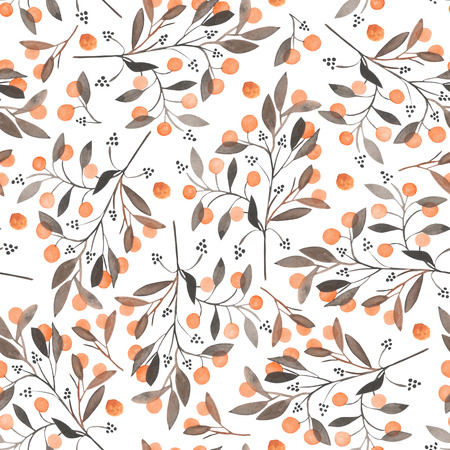 Seamless pattern with the orange berries on the branches, hand drawn in a watercolor on a white...