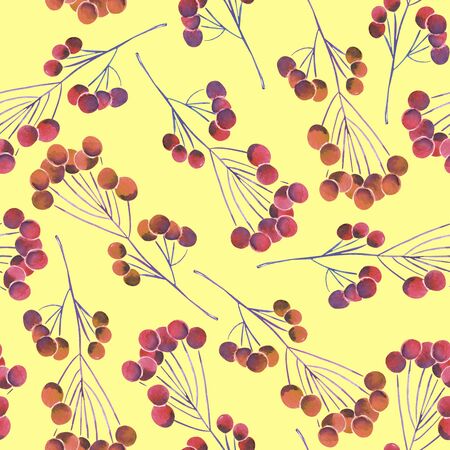 A seamless pattern with a floral autumn ornament of the watercolor red berries on the branches on a yellow backgroundの写真素材