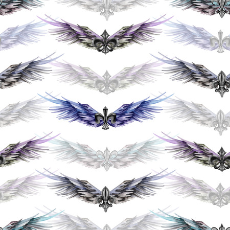 Seamless pattern of logos, symbols in the form of wings and heraldic lilies, hand drawn in a watercolor on a white backgroundの写真素材