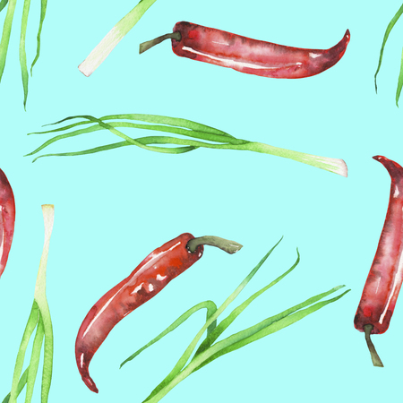 A seamless pattern with the isolated green onion and red chili peppers, painted hand drawn in a watercolor on a blue backgroundの写真素材