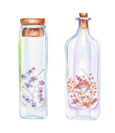 Illustration romantic and fairytale watercolor bottles with autumn leaves and red berries branches inside, hand drawn isolated on a white backgroundの写真素材