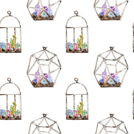 Seamless pattern with florariums with watercolor succulents and cuctuses inside, hand drawn isolated on a white backgroundの写真素材