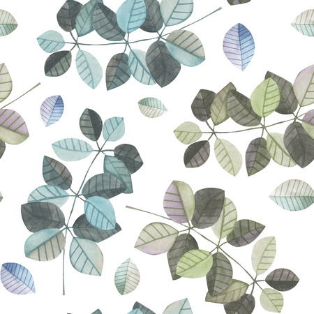 Seamless pattern with the watercolor branches with blue and grey leaves, hand painted isolated on a white backgroundの写真素材