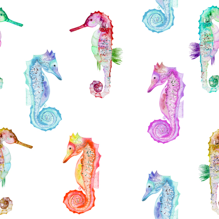 Seamless pattern with multicolored seahorses, hand painted in watercolor on a white backgroundの写真素材
