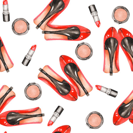 Seamless pattern with the women's watercolor hand drawn red shoes on the heels, red lipstick and blusher, painted on a white backgroundの写真素材