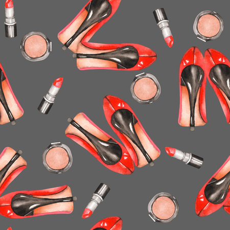 Seamless pattern with the women's watercolor hand drawn red shoes on the heels, red lipstick and blusher, painted on a grey backgroundの写真素材