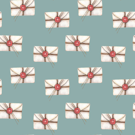 Seamless pattern with watercolor vintage mail envelopes, hand drawn on a blue backgroundの写真素材