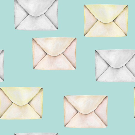 Seamless pattern with watercolor vintage mail envelopes, hand drawn on a blue backgroundの写真素材